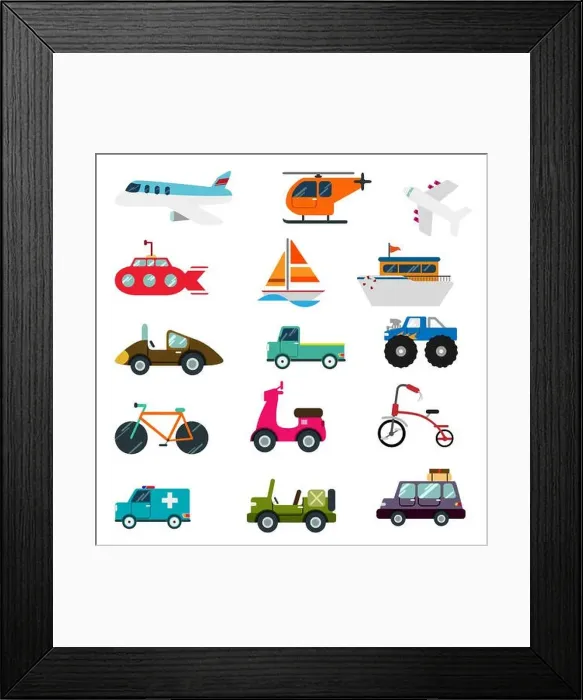 Framed Print : an illustration of various modes of travel, transport on white background Framed Print : an illustration of various modes of travel, transport on white background