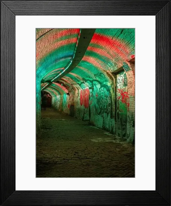 Framed Print : Colorful green, blue, pink illuminated Ganzemarkt tunnel in the centre of Utrecht, The Netherlands Framed Print : Colorful green, blue, pink illuminated Ganzemarkt tunnel in the centre of Utrecht, The Netherlands