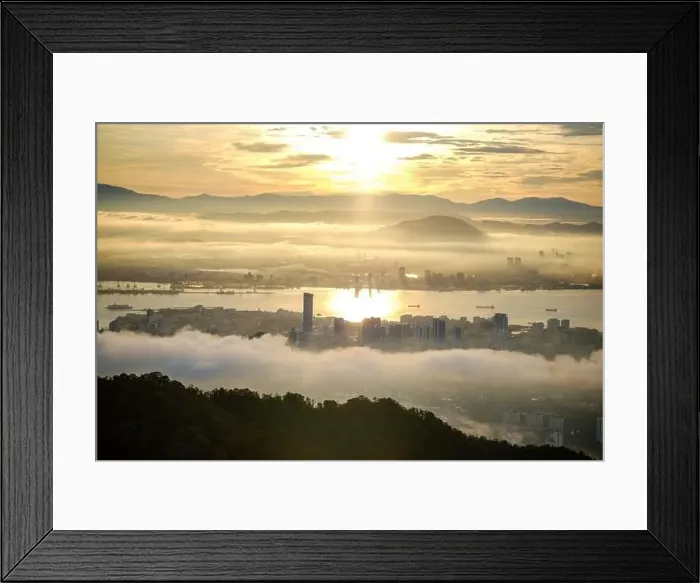 Framed Print : Aerial cityscape of George Town and Penang bridge across the Penang Strait to mainland at sunrise, Penang, Malaysia Framed Print : Aerial cityscape of George Town and Penang bridge across the Penang Strait to mainland at sunrise, Penang, Malaysia