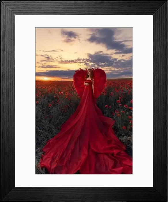 Framed Print : Beautiful woman with red wings in poppies field Framed Print : Beautiful woman with red wings in poppies field