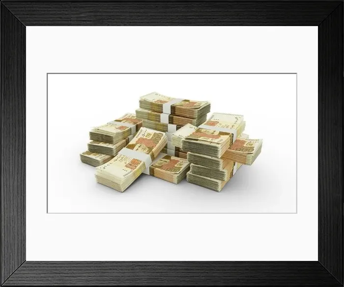 Framed Print : bundles of 5000 Pakistani rupee notes. 3D rendering of bundles of banknotes Framed Print : bundles of 5000 Pakistani rupee notes. 3D rendering of bundles of banknotes