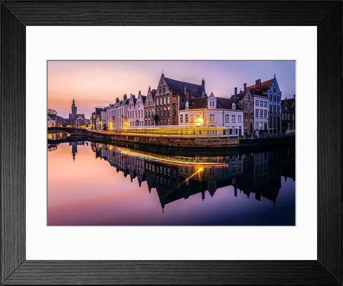 Framed Print : Dramatic sunset with trails of lights on the old Framed Print : Dramatic sunset with trails of lights on the old