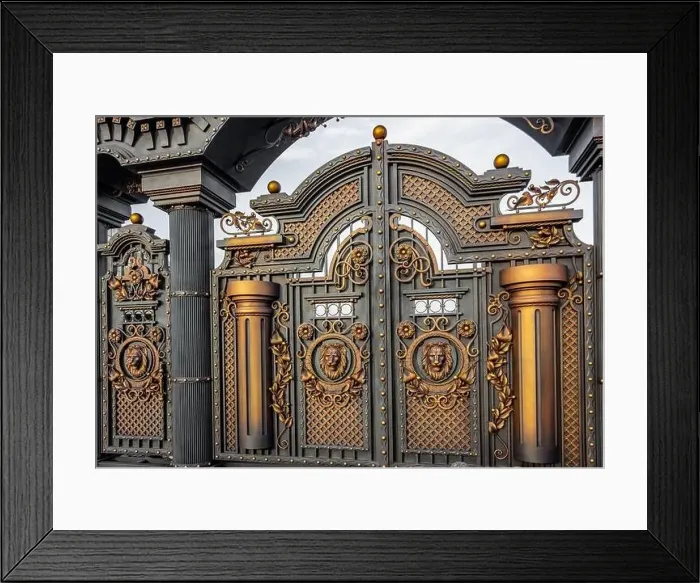 Framed Print : New forged metal massive gates with a wicket and two arches, golden gray, made in antiquity Framed Print : New forged metal massive gates with a wicket and two arches, golden gray, made in antiquity