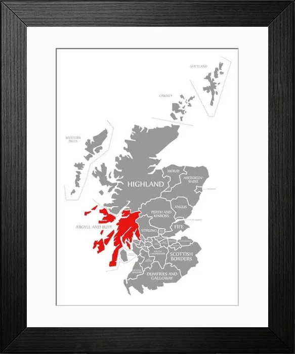 Framed Print : Argyll and Bute red highlighted in map of Scotland UK Framed Print : Argyll and Bute red highlighted in map of Scotland UK