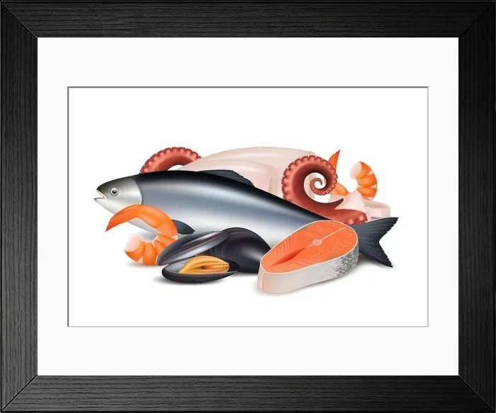 Framed Print : Seafood. Composition of different fresh protein food fish octopus mollusk lobster vector realistic pictures Framed Print : Seafood. Composition of different fresh protein food fish octopus mollusk lobster vector realistic pictures