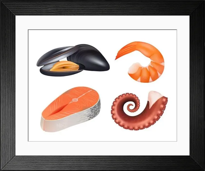 Framed Print : Sea food realistic. Fresh fish meal salmon uncooked natural protein vector pictures of sea ocean food Framed Print : Sea food realistic. Fresh fish meal salmon uncooked natural protein vector pictures of sea ocean food
