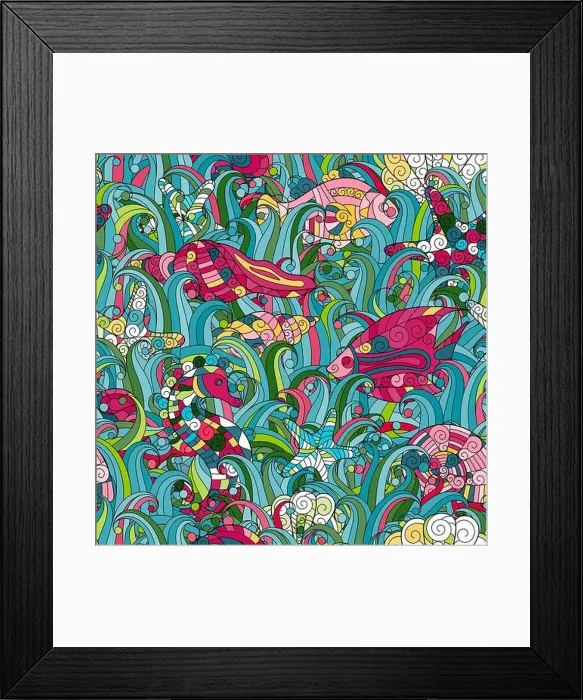 Framed Print : Cartoon hand-drawn doodles on the subject of under water life theme seamless pattern Framed Print : Cartoon hand-drawn doodles on the subject of under water life theme seamless pattern