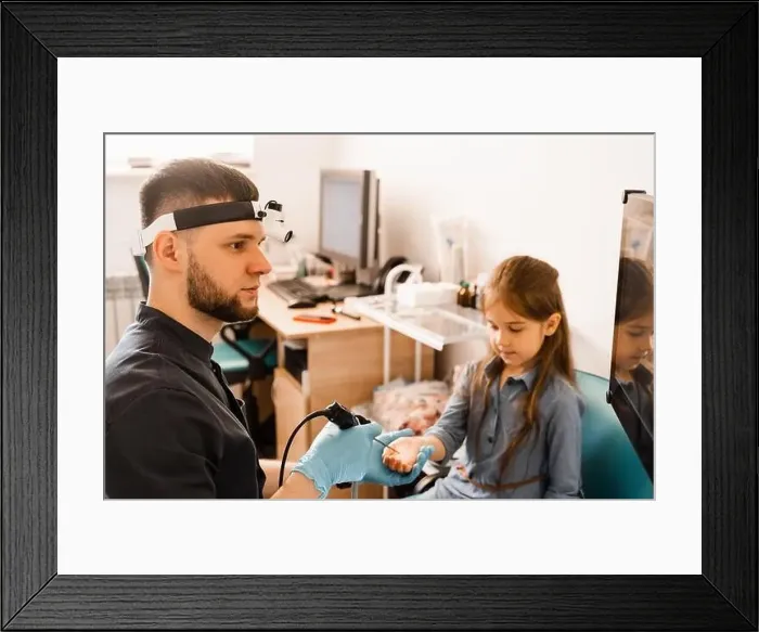 Framed Print : Ears endoscopy of child. Otoscopy procedure with otoscope. ENT doctor otolaryngologist treat ears of girl Framed Print : Ears endoscopy of child. Otoscopy procedure with otoscope. ENT doctor otolaryngologist treat ears of girl