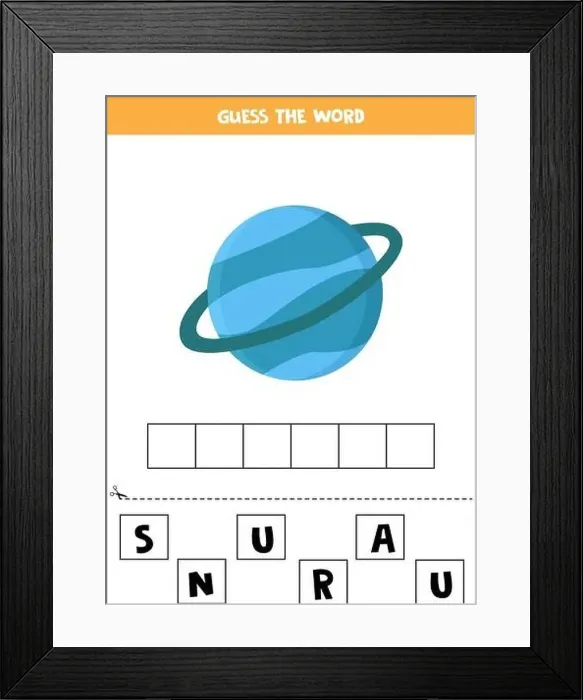 Framed Print : Spell the word Uranus. Vector illustration of planet Uranus. Spelling game for kids