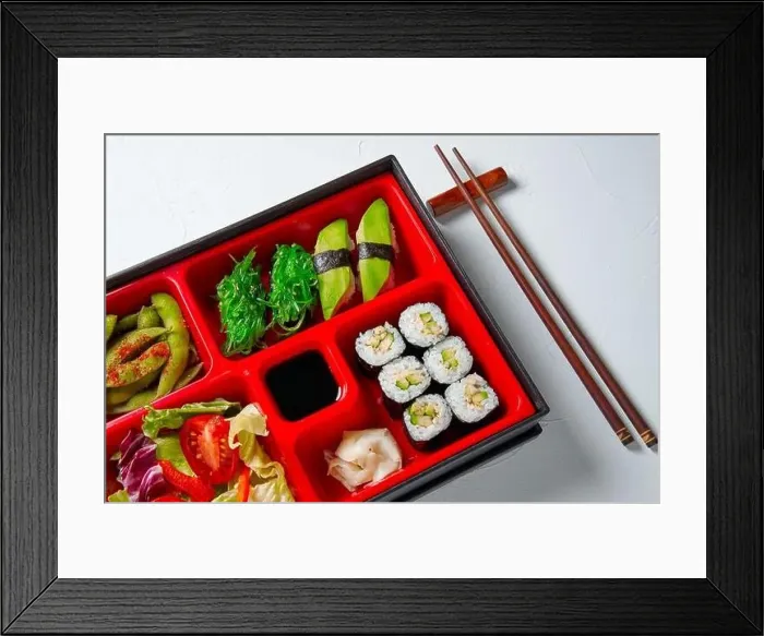 Framed Print : Japanese style lunch bento box with various vegeterian healthy food. Take away or food delivery concept Framed Print : Japanese style lunch bento box with various vegeterian healthy food. Take away or food delivery concept