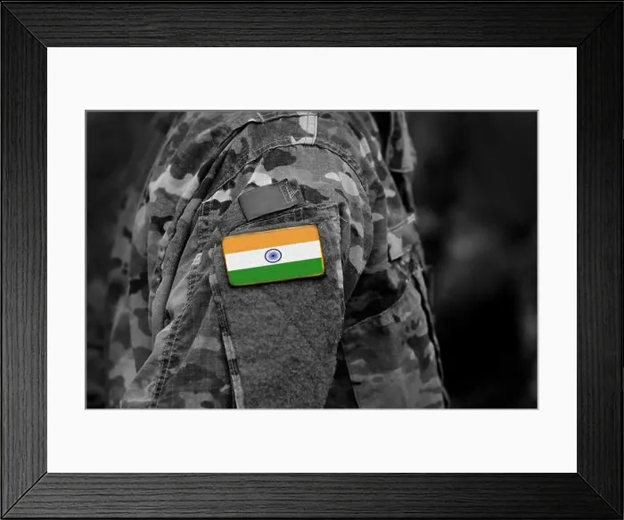 Framed Print : Flag of India on military uniforms. India flag on soldiers arm (collage) Framed Print : Flag of India on military uniforms. India flag on soldiers arm (collage)