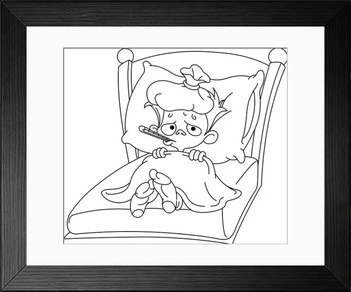 Framed Print : Outlined sick kid lying in bed. Vector illustration coloring page Framed Print : Outlined sick kid lying in bed. Vector illustration coloring page