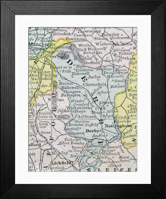 Framed Print : Original old map of Derby County from 1884 geography textbook Framed Print : Original old map of Derby County from 1884 geography textbook