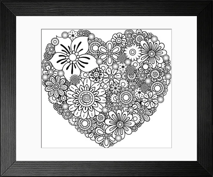 Framed Print : Floral heart. Valentines day adult coloring page. Vector illustration. Isolated on white background Framed Print : Floral heart. Valentines day adult coloring page. Vector illustration. Isolated on white background