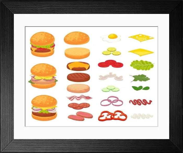 Framed Print : Cartoon burger ingredients. Hamburger