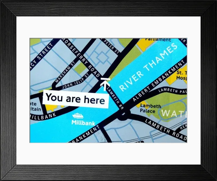 Framed Print : London, England, UK. You Are Here on London tourist map. River Thames and Lambeth Framed Print : London, England, UK. You Are Here on London tourist map. River Thames and Lambeth