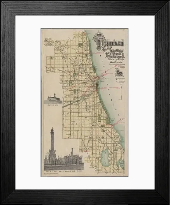 Framed Print : Map of Chicago showing water works system Framed Print : Map of Chicago showing water works system