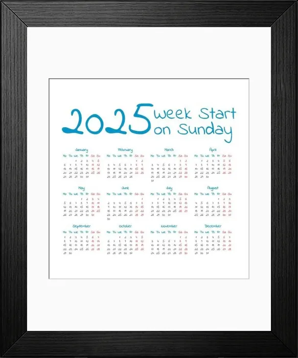 Framed Print : Simple 2025 year calendar, week starts on sunday Framed Print : Simple 2025 year calendar, week starts on sunday