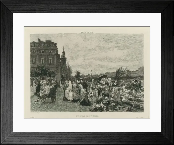 Framed Print : Le Quai aux Fleurs, Flower Market in Paris with fashionably dressed crowd Framed Print : Le Quai aux Fleurs, Flower Market in Paris with fashionably dressed crowd