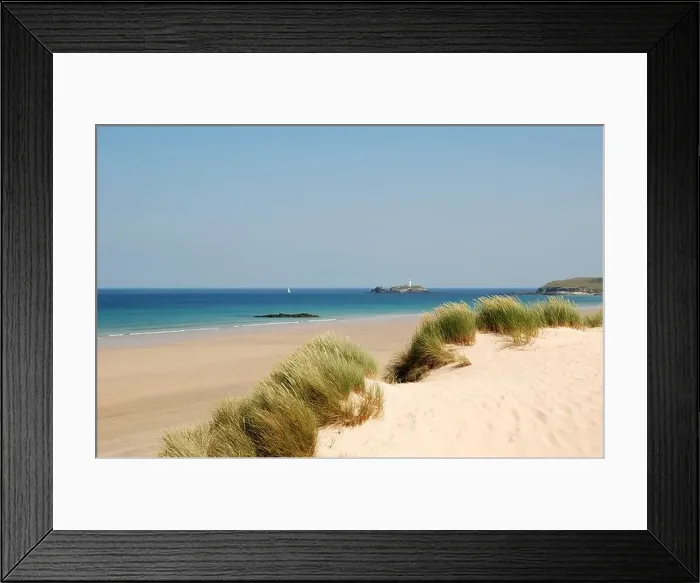 Framed Print : a view towards godrevy lighthouse from upton towans near hayle in cornwall, uk Framed Print : a view towards godrevy lighthouse from upton towans near hayle in cornwall, uk