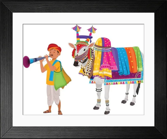 Framed Print : Decorated Ox, Indian decorated Ox and folk man with playing musical instrument Framed Print : Decorated Ox, Indian decorated Ox and folk man with playing musical instrument