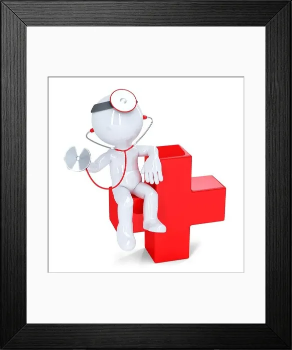 Framed Print : 3d doctor with stethoscope sitting on red cross. Isolated. Contains clipping path Framed Print : 3d doctor with stethoscope sitting on red cross. Isolated. Contains clipping path