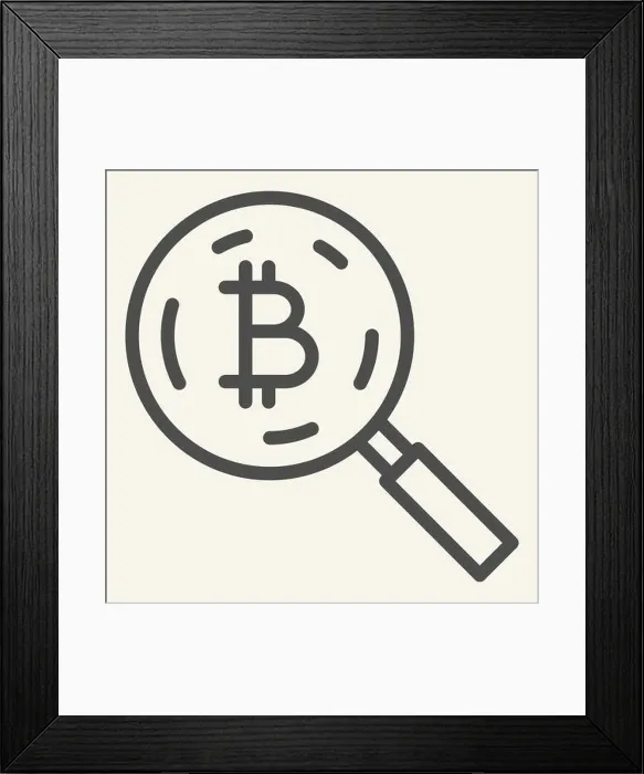 Framed Print : Bitcoin search line icon. Loupe with crypto coin vector illustration isolated on white Framed Print : Bitcoin search line icon. Loupe with crypto coin vector illustration isolated on white