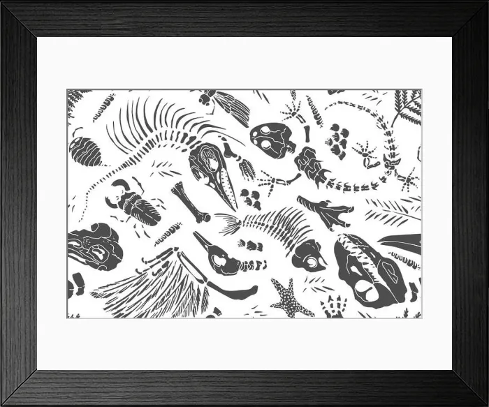 Framed Print : Isolated black stencil imprints skeletons of prehistoric animals