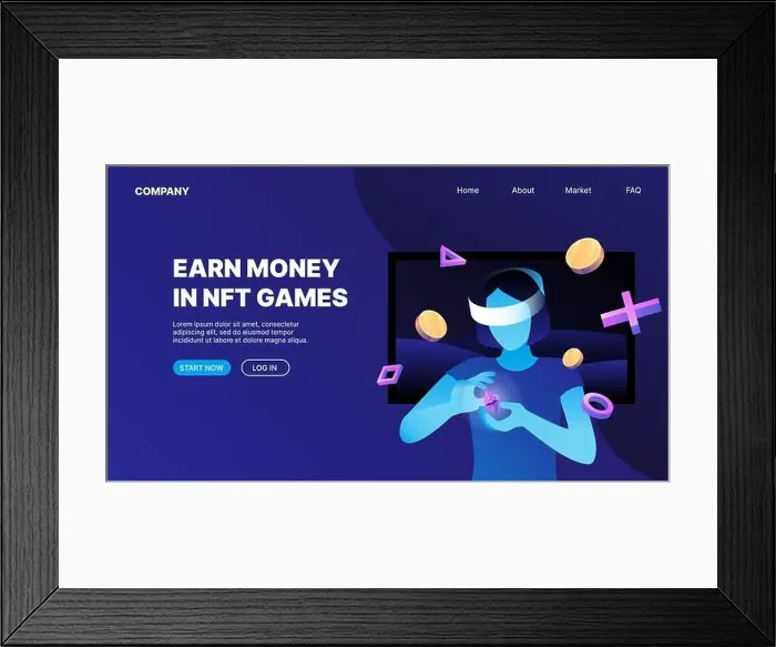 Framed Print : A woman playing crypto games. P2E Crypto Games Landing Page Concept. Earn money playing NFT Games. Vector illustration Framed Print : A woman playing crypto games. P2E Crypto Games Landing Page Concept. Earn money playing NFT Games. Vector illustration