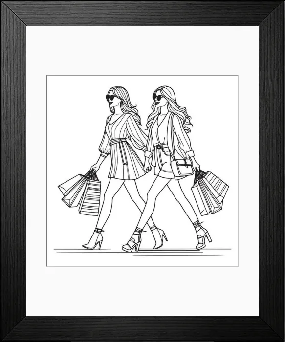 Framed Print : Sketchy line art of two fashionable girls walking with shopping bags Framed Print : Sketchy line art of two fashionable girls walking with shopping bags