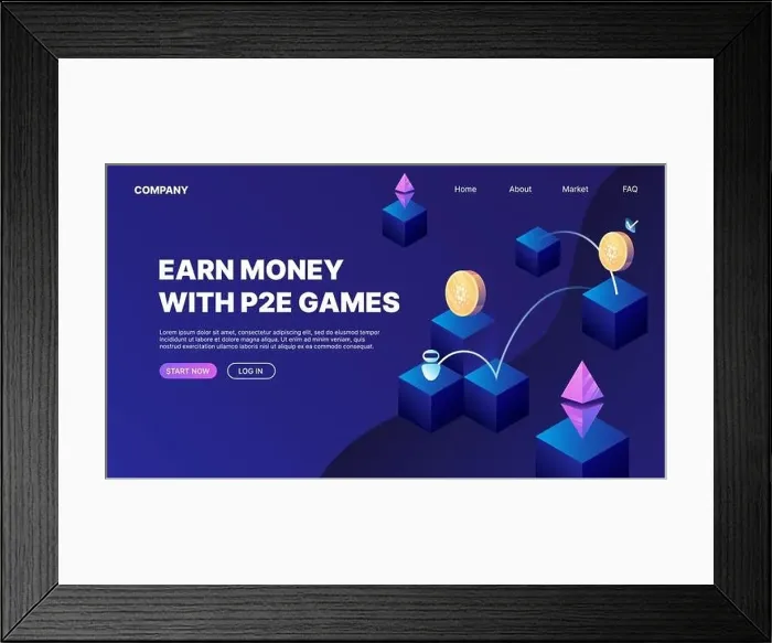 Framed Print : Earn Money with Play to Earn Games. Landing Web Page Template. Vector illustration Framed Print : Earn Money with Play to Earn Games. Landing Web Page Template. Vector illustration