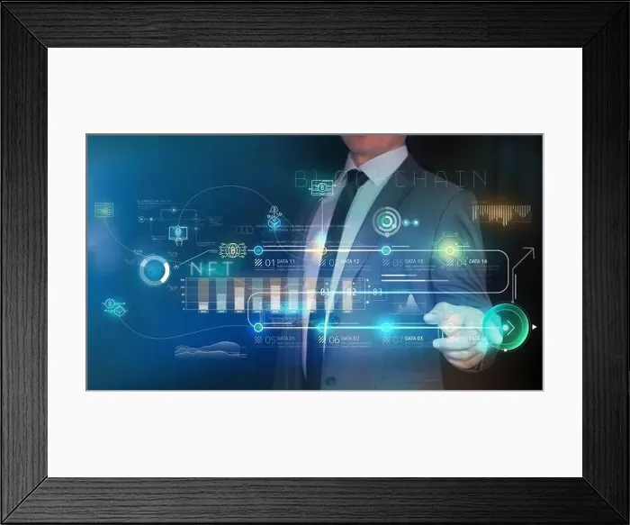 Framed Print : Trader and holographic data panel on crypto assets Framed Print : Trader and holographic data panel on crypto assets
