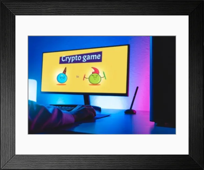 Framed Print : Gamer playing online blockchain game on computer - Crypto, nft, token currency concept - Focus on hand Framed Print : Gamer playing online blockchain game on computer - Crypto, nft, token currency concept - Focus on hand