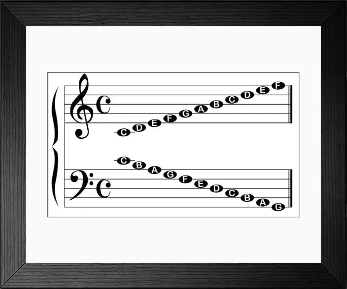 Framed Print : The names of the notes for the bass and treble clef isolated on white Framed Print : The names of the notes for the bass and treble clef isolated on white
