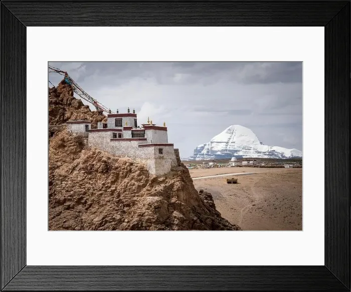 Framed Print : Chiu Gompa near Mansarovar Lake with snow covered Mount Kailash in the background; Burang County Framed Print : Chiu Gompa near Mansarovar Lake with snow covered Mount Kailash in the background; Burang County