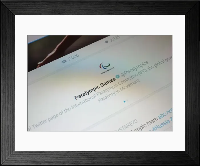 Framed Print : Paralympic Games on Twitter displayed on a tablet screen Framed Print : Paralympic Games on Twitter displayed on a tablet screen