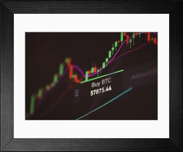 Framed Print : Shallow depth of field footage with details of Bitcoin cryptocurrency price fluctuations on a crypto exchange app Framed Print : Shallow depth of field footage with details of Bitcoin cryptocurrency price fluctuations on a crypto exchange app