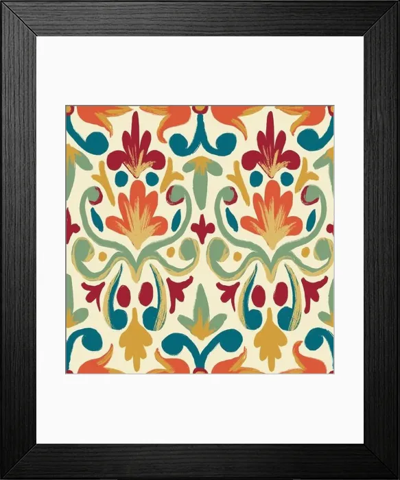 Framed Print : Hand drawn seamless pattern of floral damsk with orange red flowers blue sage green leaves on beige background Framed Print : Hand drawn seamless pattern of floral damsk with orange red flowers blue sage green leaves on beige background