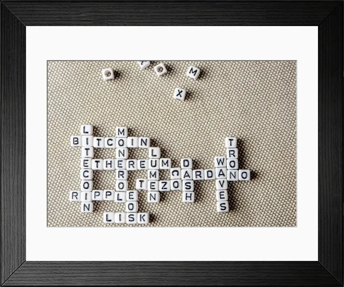 Framed Print : set of popular crypto coins words forming thematical crossword made of white cubes with black capital letters Framed Print : set of popular crypto coins words forming thematical crossword made of white cubes with black capital letters