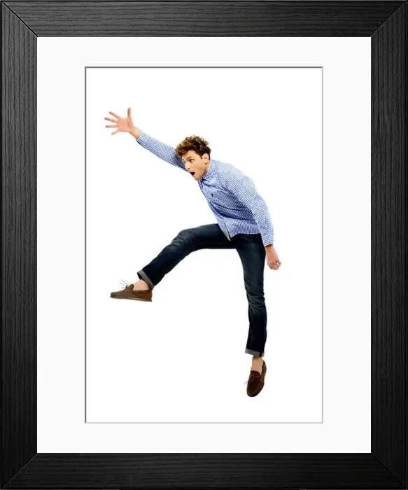 Framed Print : Funny man jumping over white background Framed Print : Funny man jumping over white background
