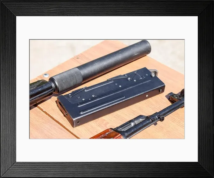 Framed Print : Russian firearms. Submachine gun PP-90, folded Framed Print : Russian firearms. Submachine gun PP-90, folded