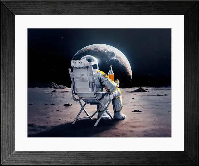 Framed Print : Astronaut on the moon enjoying a beer and relaxing while viewing the planet earth Framed Print : Astronaut on the moon enjoying a beer and relaxing while viewing the planet earth