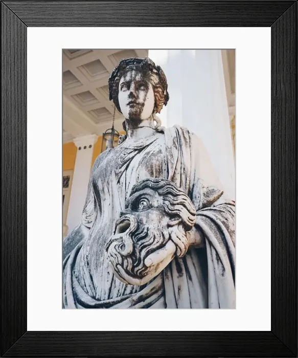 Framed Print : Statue of Melpomene, the muse of tragedy holding a tragic mask, on Achillion palace, Corfu Greece Framed Print : Statue of Melpomene, the muse of tragedy holding a tragic mask, on Achillion palace, Corfu Greece