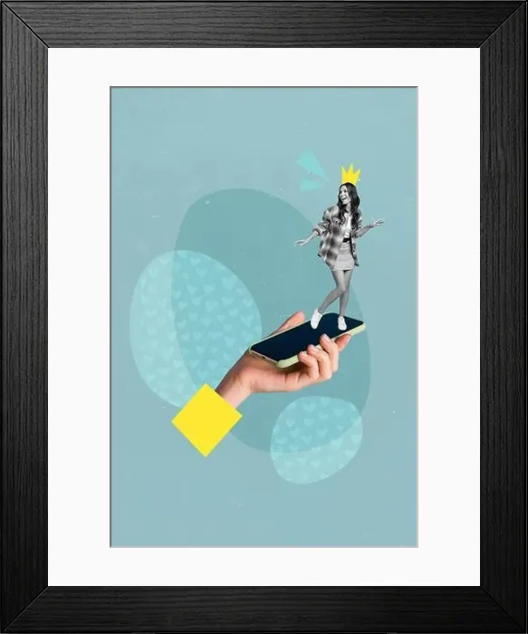 Framed Print : Creative poster banner surreal collage of mini young lady standing touchscreen smart gadget vip status game Framed Print : Creative poster banner surreal collage of mini young lady standing touchscreen smart gadget vip status game