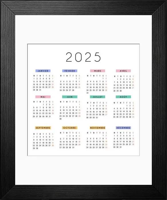 Framed Print : French calendar 2025 year. Vector stationery square calendar week starts Monday Framed Print : French calendar 2025 year. Vector stationery square calendar week starts Monday