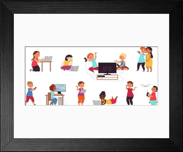 Framed Print : Kid playing computer. Happy friends play games Framed Print : Kid playing computer. Happy friends play games