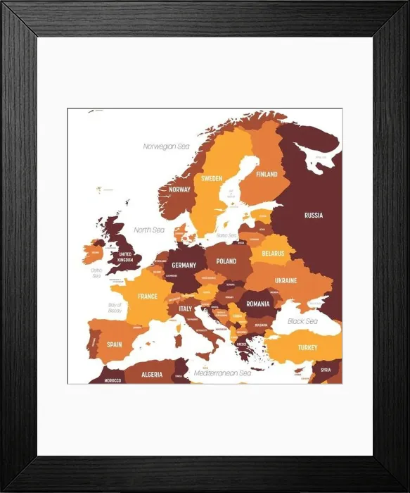 Framed Print : Europe map - brown orange hue colored on dark background Framed Print : Europe map - brown orange hue colored on dark background