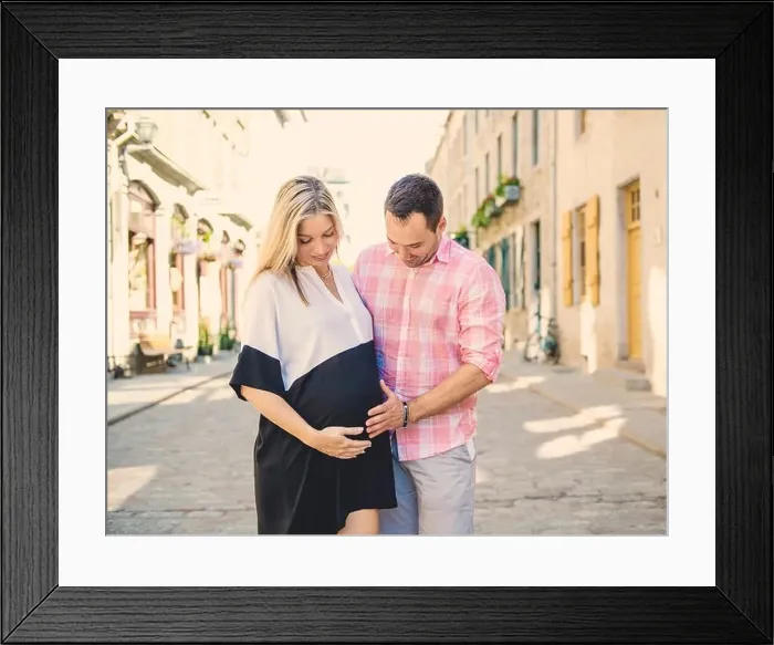 Framed Print : A Pregnant couple portrait outside in the neighborhood