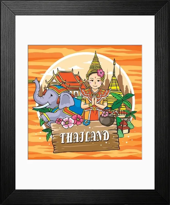 Framed Print : adorable Thailand travel concept poster in hand drawn style Framed Print : adorable Thailand travel concept poster in hand drawn style
