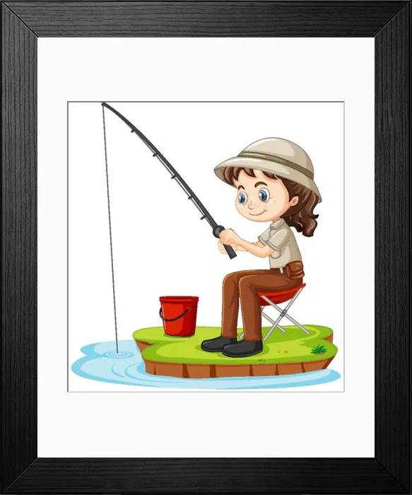 Framed Print : A girl cartoon character sitting and fishing on white background Framed Print : A girl cartoon character sitting and fishing on white background